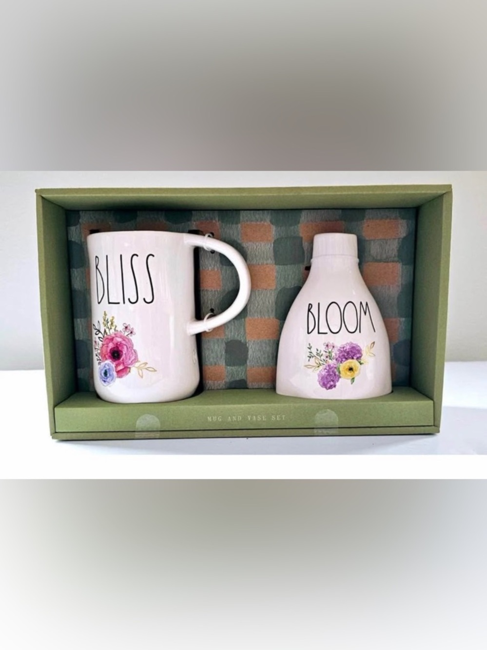Rae Dunn Bliss & Bloom Floral Mug and Vase Set White with Pink & Purple Flowers